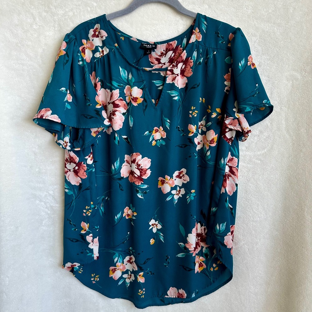Torrid Harper Georgette Teal Floral Flutter Sleeve Blouse Size 1 (1X)